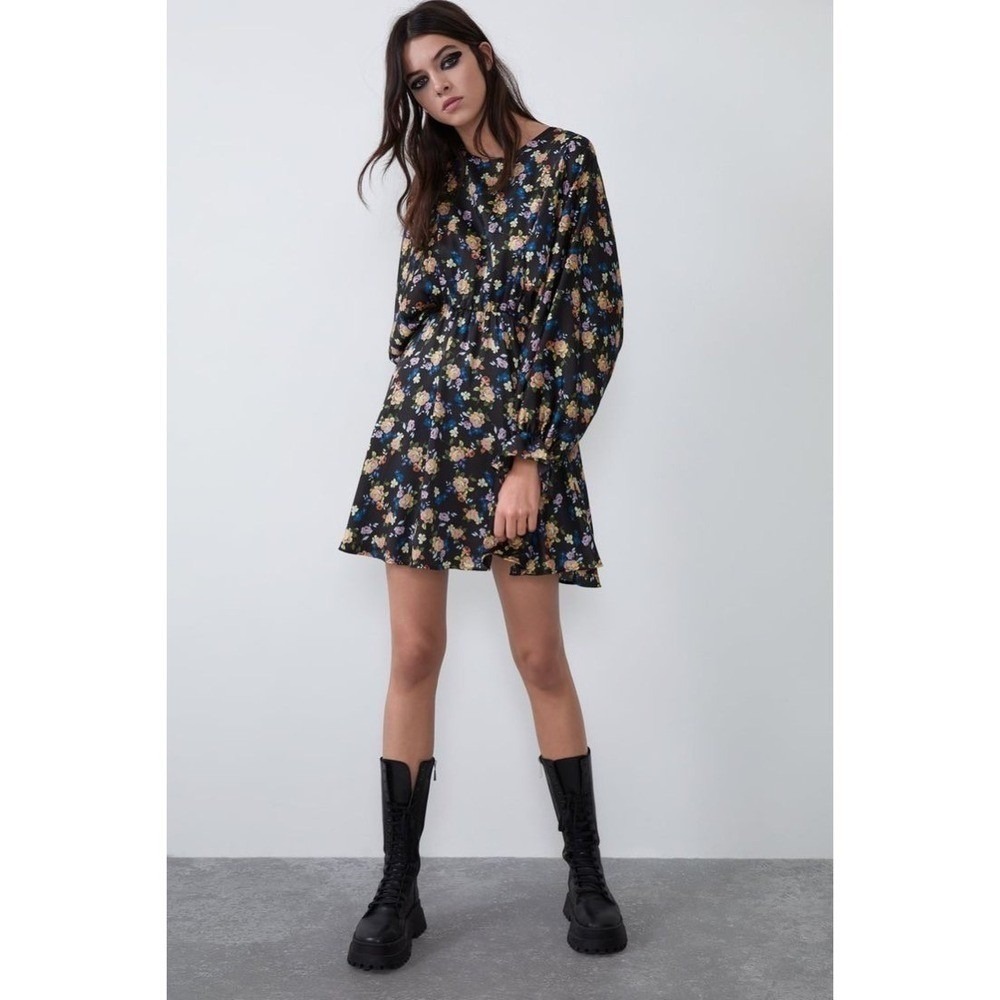ZARA Black Floral Print Long Sleeve Mini Dress Gathered Waist Ruffle Cuffs Small
